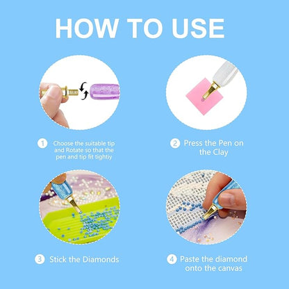 MuitoFeliz 24PCS DIY Diamond Art Pen Painting Tool Set - Metal Threaded Tip Accessories Gem Resin Dotting Pen Supplies Kit (Three Pen + 12 Tips + 9 Dotting Clay)