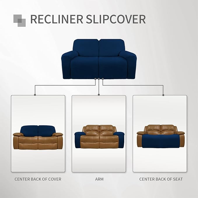 Easy-Going Oversized 6 Pieces Microfiber Stretch Sectional Recliner Loveseat Sofa Slipcover Soft Fitted Fleece 2 Seats Couch Cover Washable Furniture Protector with Elasticity for Kids Pet Navy