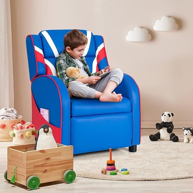 MEDIMALL Ergonomic Children's Recliner Chair with Side Pockets and Adjustable Footrest, Made of PU Leather Material, with Soft Cushions for Children's Recliner, Suitable for Children Aged 3-9