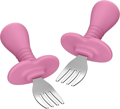 Baby Forks Toddler Forks for Self Feeding, Kids Forks with Silicone Round Handle, Stainless Steel Toddler Utensils Children Safe Silverware Set, Anti-Choke Design, BPA Free - Pink