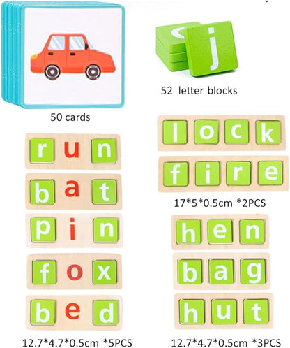 Wooden CVC Word Spelling Games for Kids Ages 3-6, Montessori Educational Toys, Preschool Kindergarten Learning Activities for Toddlers 3 4 5 6 Years Old, Wooden Spelling Blocks