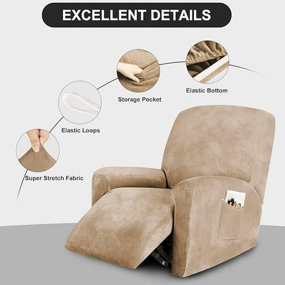 FestiCorp Recliner Chair Covers Real Velvet 4-Pieces Recliner Covers for Small Lazy Boy Recliner Chair Stretch Recliner Sofa Slipcovers Furniture Protector with Side Pocket & Elastic Bottom, Camel