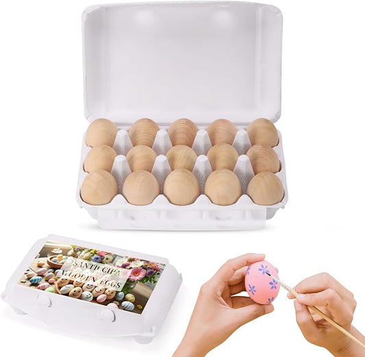 Wooden Eggs, 15-Count Unpainted Wooden Eggs in Carton for Painting, Crafts, and Dyeing, Food Toys for Kitchen Play and Room Decor, Fake Eggs for Nesting Boxes and Poultry Incubators.