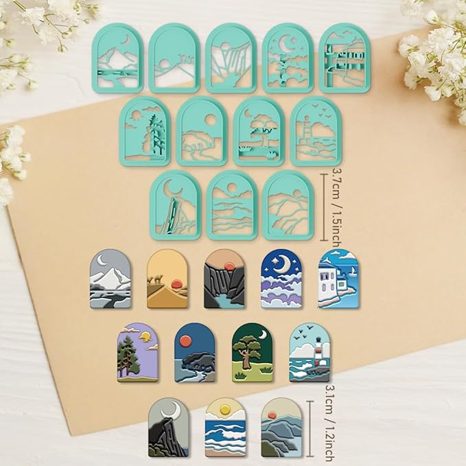 ORIGACH 12 Pcs Mountain Landscape Polymer Clay Cutters,Sun Moon and Scenery Design Clay Cutters for Polymer Clay Jewelry Earrings with a Clear Storage Box
