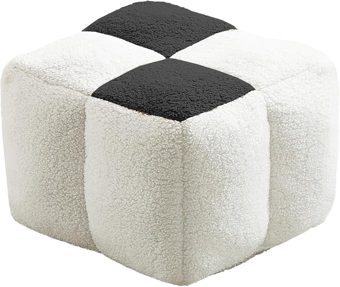 Louis Donné Ottoman Pouf White and Black Contrast Tidy Fabric Floor Chair - 17.7 * 17.7 * 15.7 Inch Squares, Soft Compressed Form Inside for Children and Ladies