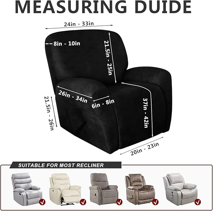 molasofa Recliner Chair Covers - 4 Pieces Leather Like Large Recliner Covers with Pocket Soft Non Slip Stretch Recliner Slipcover for Lazy Boy Recliner Chair Washable Furniture Protector (Black)