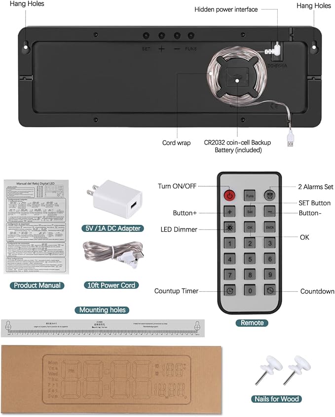 Modern 16" Large Digital Wall Clock with Remote Control, LED Display, Auto-Dimming, Countdown, Temperature, Calendar - 12/24Hr Format - Silent Wall Clock for Home, Office, or Gym Use (Pink)