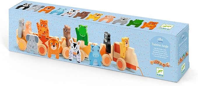 DJECO Jungle Animals Wooden Train - Trainimo Jungle - Safe for Kids Toys, Cute Toddler Vehicle, Stackable Animals for Imagination, Active Play, Motor Skills - Perfect for Boys & Girls Ages 18+ Months