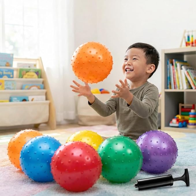 Bedwina Mini Knobby Balls - Bulk 5 Inch Sensory Balls and Spiky Massage Stress Balls with Pump, Fun Bouncy Ball Party Favors