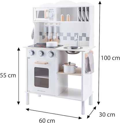 New Classic Toys Wooden Pretend Toy Kitchen for Kids with Role Play Bon Appetit Electric Cooking Included Accesoires Makes Sound, Modern White