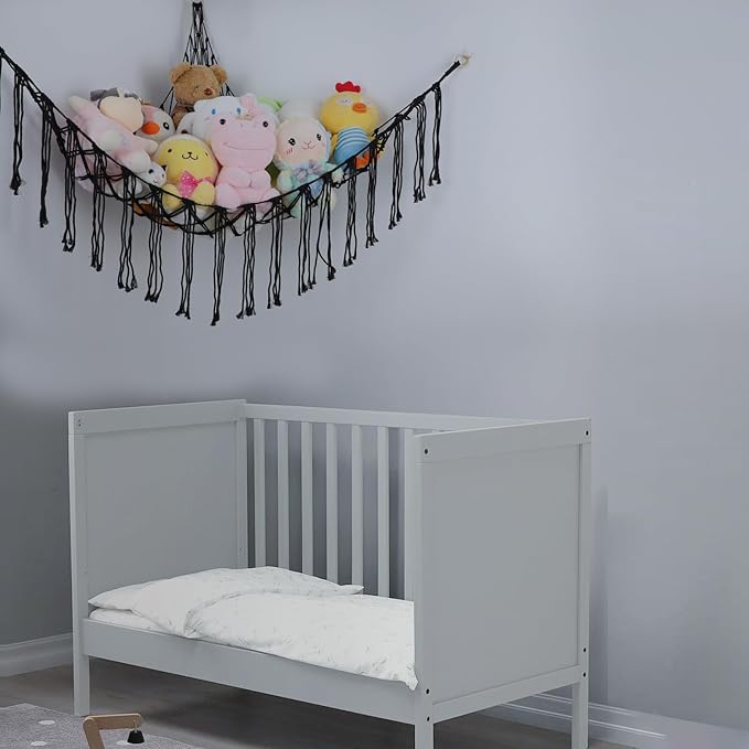 Boho Stuffed Animals Net or Hammock Large,55 inch Toy Hammock Macrame Stuff Animal Storage Corner Hanging Net Holder,Mesh Hammock Plush Toy Organizer with Hooks for Bedroom,Nursery (Black)