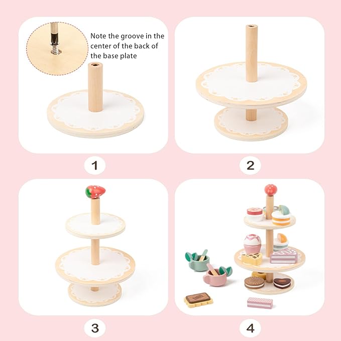 Wooden Tea Party Set, Tea Sets for Toddlers 3-5, Toddler Tea Set with Dessert Cookies & Cake Stand, Kids Tea Sets for Girls, Little Girl Tea Party Set Birthday