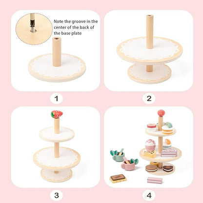 Wooden Tea Party Set, Tea Sets for Toddlers 3-5, Toddler Tea Set with Dessert Cookies & Cake Stand, Kids Tea Sets for Girls, Little Girl Tea Party Set Birthday