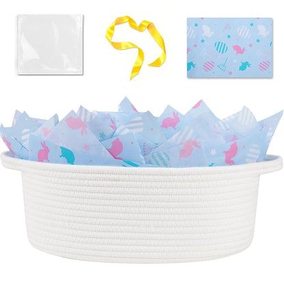 OIAHOMY Gift Basket with Handle, 13.4"x 10"x 5.5" Easter Basket with Gift Bag, Ribbon and Wrap Tissue Paper, Nursery Bins Empty to Fill with Towels, Baby, Pet Toy Organizer - Easter White