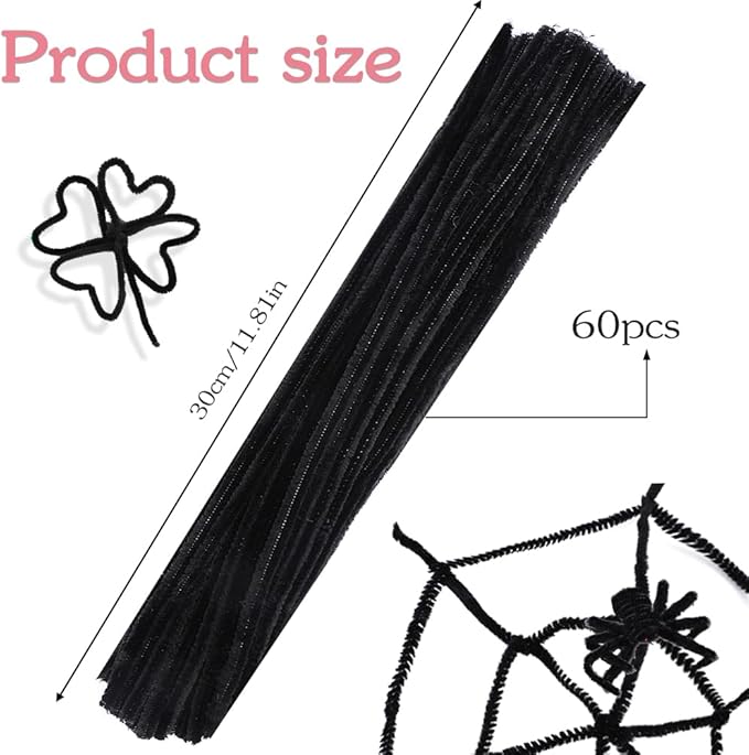 60 Pieces Black Pipe Cleaners,Pipe Cleaners Chenille Stem,Art Pipe Cleaners for Creative Home Decoration Supplies, Arts and Crafts Project,Christmas Valentine's Craft Pipe Cleaners