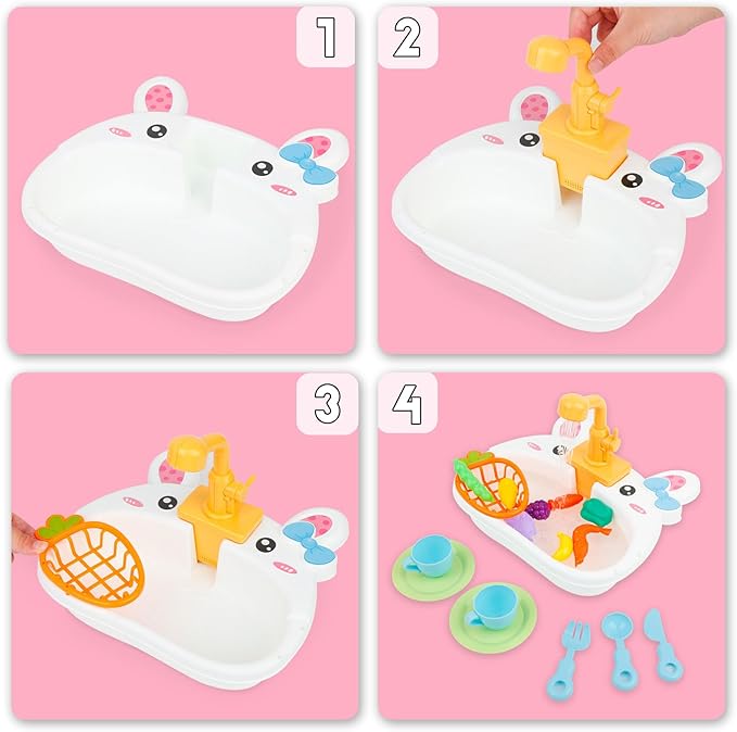 Ruibytree Play Kitchen Sink Toy, Water Toys for Kids with Electronic Dishwasher, Pretend Play Utensils Accessories and Play Cutting Food for Boys and Girls (Rabbit)