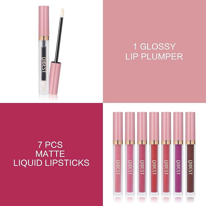 QiBest 7Pcs Matte Liquid Lipstick and 1Pcs Lip Plumper Makeup Set, Pigmented Waterproof Halloween Lip Make Up Valentine's Day Gift Lip Gloss Sets Long Wearing Velvet Lip Kit for Teens & Women
