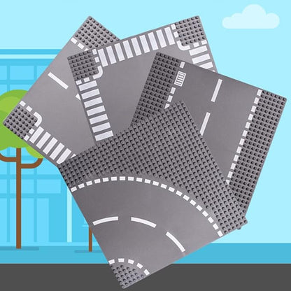 Classic City Street Baseplates 10” x 10” Building Brick Block Highway Race Track Base Plate Toy Kit, Compatible with Lego, 2 Straight + 4 Curved Road Baseplates