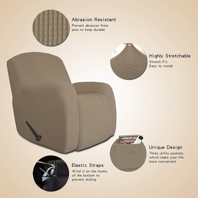Easy-Going Recliner Stretch Sofa Slipcover Sofa Cover 1 Piece Furniture Protector Couch Soft with Elastic Bottom Kids,Polyester Spandex Jacquard Fabric Small Checks(Oversize Recliner,Natural)