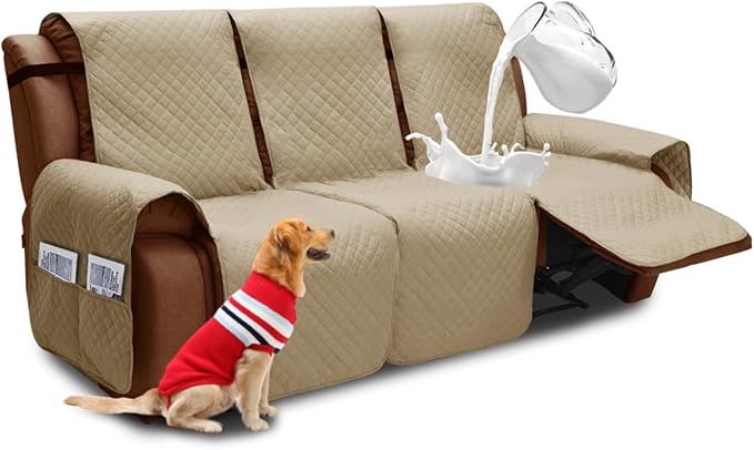 XINEAGE Water Resistant Recliner Cover, 3 seat Recliner Sofa Covers with Pockets, Quilted Thick Recliner Protector Cover for Dog Pets with Non Slip Backing and Strap (Recliner Sofa, Khaki)