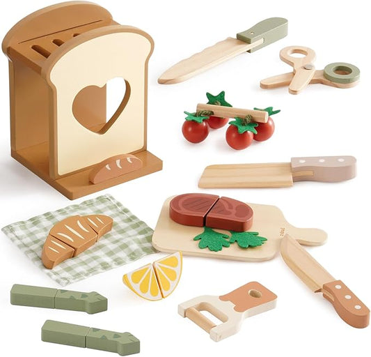 ROBOTIME Play Toy Food for Play Kitchen, Wooden Kids Play Kitchen Knife Set – Kids Kitchen Accessories with Cutting Board, Wooden Fruits, Vegetables, Bread, and Cooking Tools for Toddlers Boys Girls