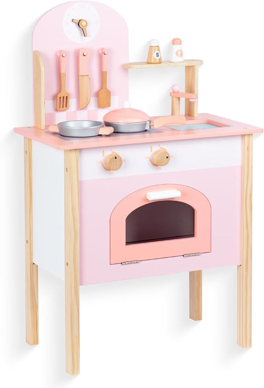 Wooden Pink Kitchen Playset,Kids Play Kitchen Utensils, Accessories for Pretend Play Kitchen Set, Montessori Learning Toy, Pretend Cooking Playset, for 3+ Girls