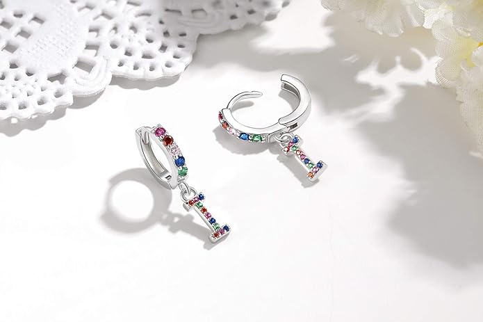 Presentski Initial Earrings 925 Sterling Silver Colorful Huggie Small Hoop Earrings Rainbow CZ Drop Dangle Simple Alphabet Earrings S925 Hypoallergenic Earring Letter A-Z for Daughter Women