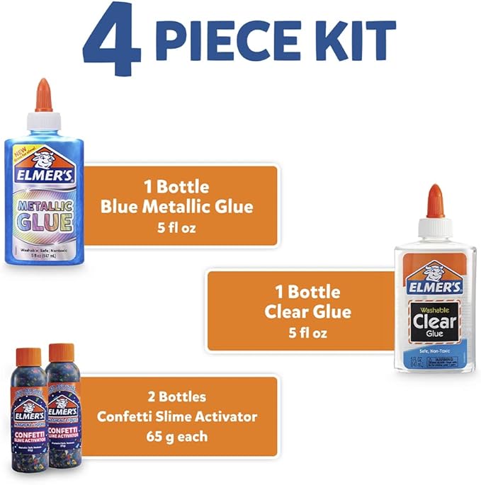 Elmer’s Confetti Slime Kit | Slime Supplies Include Metallic Glue, Clear Glue, Confetti Magical Liquid Slime Activator, 4 Count