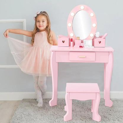 Kids' Vanity Set with Mirror and Light, Makeup Table and Stool for Girls, Vanity Table and Chair Set with Wood Makeup Playset for 4-9 Girls, Pink （Batteries Not Included）