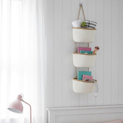 TeoKJ Over the Door Hanging Basket, 3-Tier Woven Cotton Wall-Mounted Storage Organizer Bag Decorative Hanging Nursery Baskets, White & Dark Brown