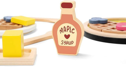 PairPear Wooden Waffle Maker Toy Food Playset, Kids Pretend Play Food Kitchen Accessories, Wooden Cooking Toy Baking Playset, Toddler Play Breakfast Brunch Tea Sets Cutting Food Gift for Girls Boys 3+