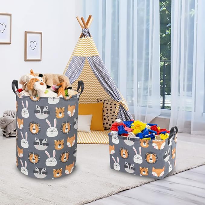 CLOCOR Kids Laundry Basket,Collapsible Fabric Storage Container,Baby Nursery Hamper for Boys,Kids Toys Bucket,Room Decor,Gift Basket(Animal Heads)