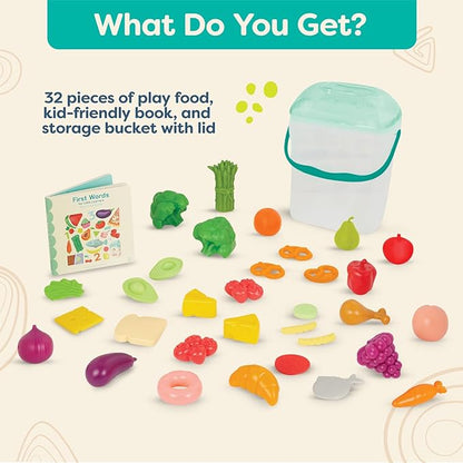 B. toys- Foodie Fun- Pretend Play Food & Board Book Set – 32 Pieces of Play Food – Educational Book for Toddlers – Storage Bucket with Lid – 2 Years +