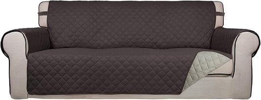 PureFit Reversible Quilted Sofa Cover, Water Resistant Slipcover Furniture Protector, Washable Couch Cover with Non Slip and Elastic Straps for Kids, Dogs, Pets (Oversized Sofa, Chocolate/Beige)