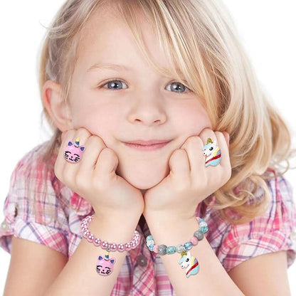 Mermaid Unicorn Bracelet Ring Set Girls Butterfly Bracelets Little Girls Ring Set Toddler Girls Jewerly Bracelets and Rings for Birthday Party Favors-12Pcs