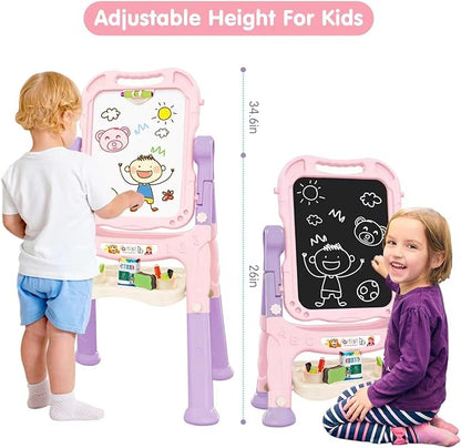 Amagoing Easel for Kids, Adjustable Standing Art Easel for Toddler, Double Magnetic Drawing Board with Painting Accessories, Birthday Christmas Gift for Little Boys and Girls, Middle Size Pink