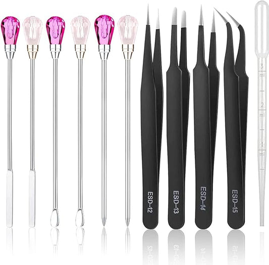 MSDADA 11 Pcs Silicone Resin Mold Tools Set Stirring Needle Spoon Tool Tweezers Precision Kit, Anti-Static Electronics Tweezers Set for Resin Art Crafts,Jewelry Making(Rose Red+Pink)