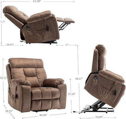 FANYE Electric Power Lift Chair for Elderly W/Massage and Heat, Infinite Positions 2 Remote Controllers Oversized Velvet Upholstered Recliner & Armchair W/Side Pockets & Hidden Cup Holders, Coffee V