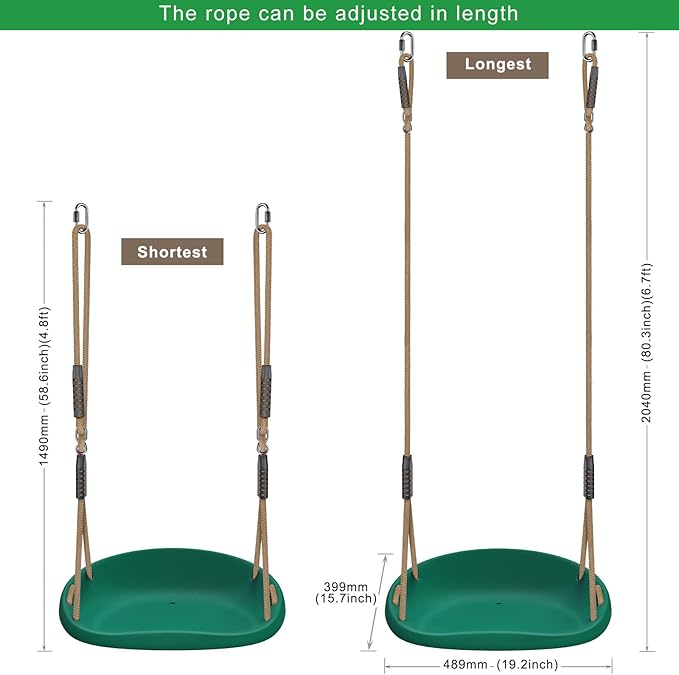 2 Pack 500LB Capacity Heavy Duty Swing Seat with Wider Seat Board & Height Adjustable Rope from 4.8ft to 6.7ft Green Swing Set Swings for Backyard Patio Garden Playground, Green