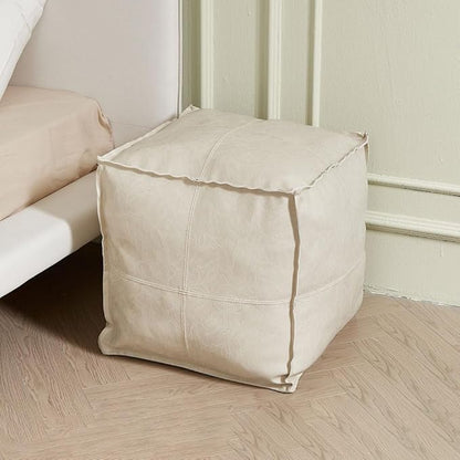 Louis Donné Unstuffed Pouf Ottoman Footstool Cover Handmade Faux PU Leather Moroccan footrest Cover for Living Room Storage Clothes blancket Balcony Office Outdoor Square Beige 17.7"(Only Cover)
