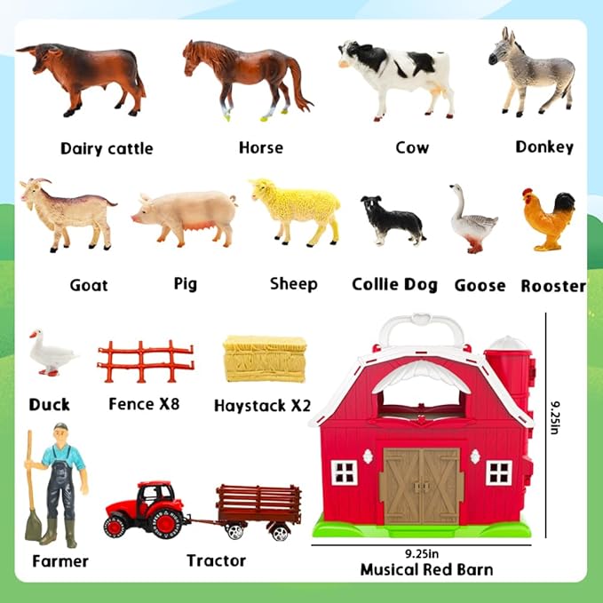 Red Barn Toys for Toddlers 1-3, Farm Animal Figures Playset with Tractor for 2 3 4 5 Year Old Kids, Musical Preschool Montessori STEM Learning Toys, Easter Christmas Birthday Gifts for Boys Girls