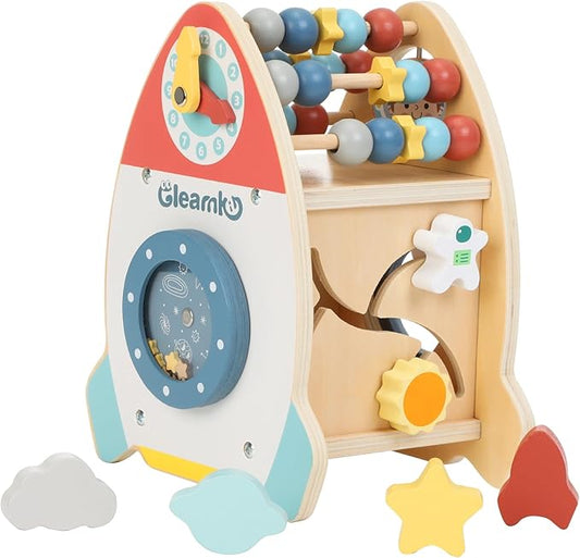 Baby Space Wooden Activity Cube Montessori Toys, 7-in-1 Early Educational Learning Sensory Toys with Bead Maze Shape Puzzle Abacus for 1 2 3 Year Old 12-18 Months Boys Girls First Birthday Gifts