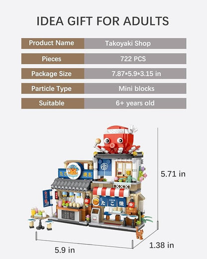 Japanese City Street View Takoyaki Shop, MOC Creative Building Blocks House Set, Simulation Architecture Construction Toy, Gifts Idea for Kids Adults (Mini Blocks 722 pcs)
