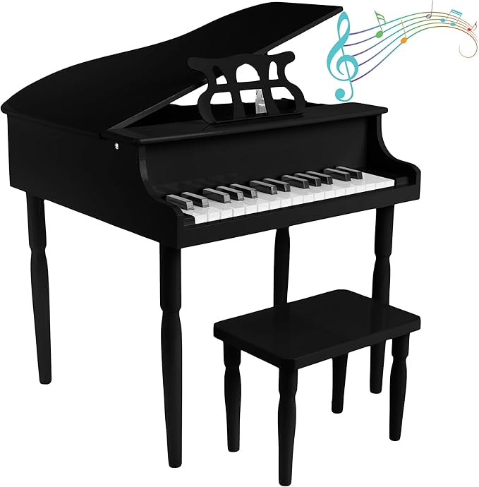 Kids Piano - 30 Key Mini Grand Piano with Music Stand, Bench, and Note Stickers - for Beginners - Instruments for Kids by Hey Play (Black)