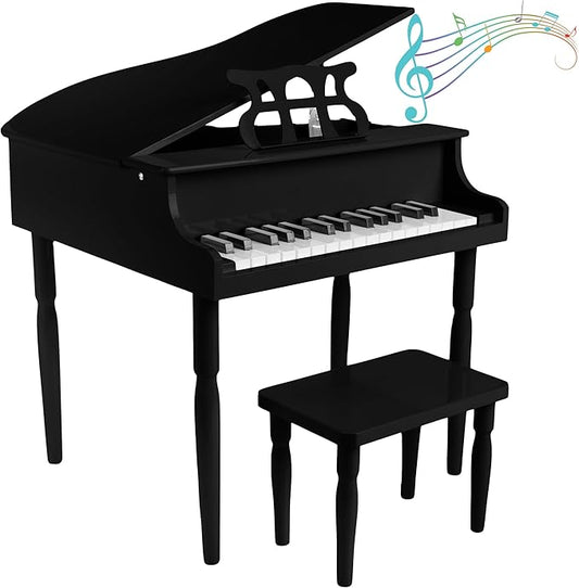 Kids Piano - 30 Key Mini Grand Piano with Music Stand, Bench, and Note Stickers - for Beginners - Instruments for Kids by Hey Play (Black)