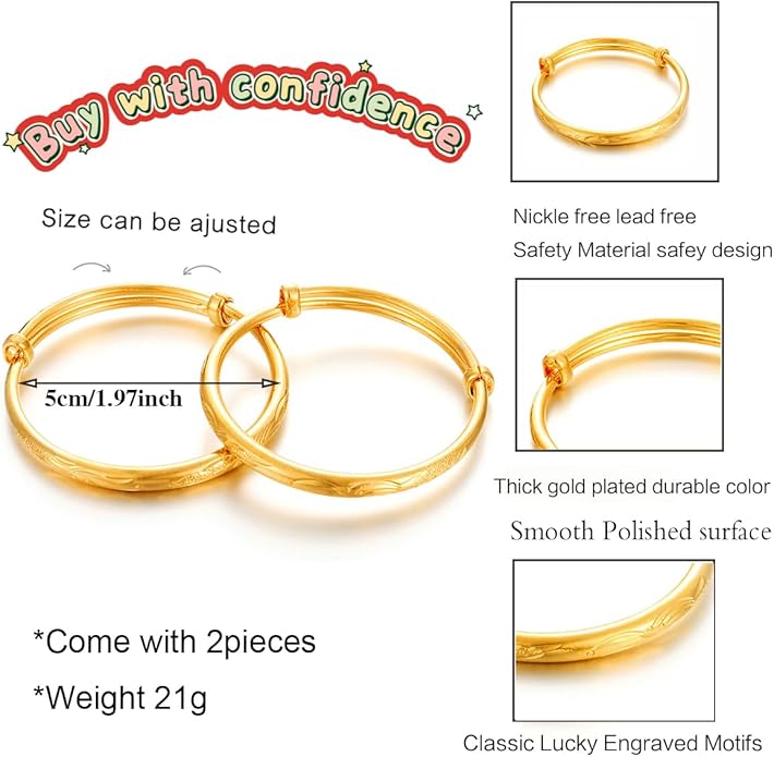 Ethlyn 2pcs/lot Baby Bracelet for infant Girls Boys 18K Gold Plated Kids Baby Expandable Adjustable Bangles &bracelets Birthday Christmas Gifts