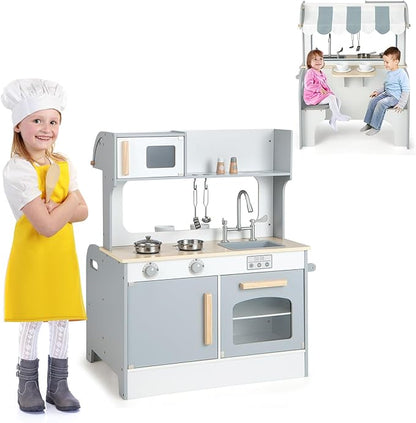 HONEY JOY Kids Kitchen Playset, Double Side Little Chef Play Kitchen for Toddler & Restaurant, Cookware, Microwave, Sink, Storage Cabinet, Wooden Pretend Play Toy Kitchen Set, Gift for Boy Girl, Gray