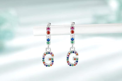 Presentski Initial Earrings 925 Sterling Silver Colorful Huggie Small Hoop Earrings Rainbow CZ Drop Dangle Simple Alphabet Earrings S925 Hypoallergenic Earring Letter A-Z for Daughter Women