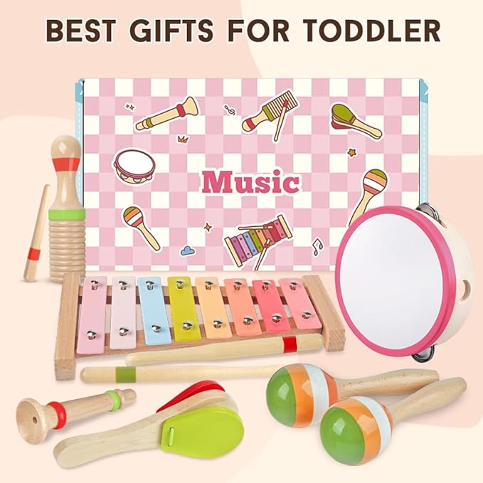 Baby Musical Instruments for Girls-Montessori Wooden Toys for Toddlers 1-3,Percussion Instruments Set with Xylophone Preschool Educational 3+ Christmas Birthday Gift for 1 2 3 Year Girl (Pink)