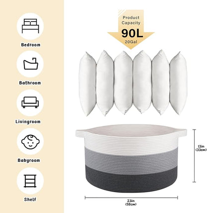 OIAHOMY 90L Blanket Basket for Living Room, Large Basket 23" x 23" x 13" with Handle, Laundry Hamper for Blankets, Pillows, Toy Storage for Kids, Dogs - Gardient Dark Grey